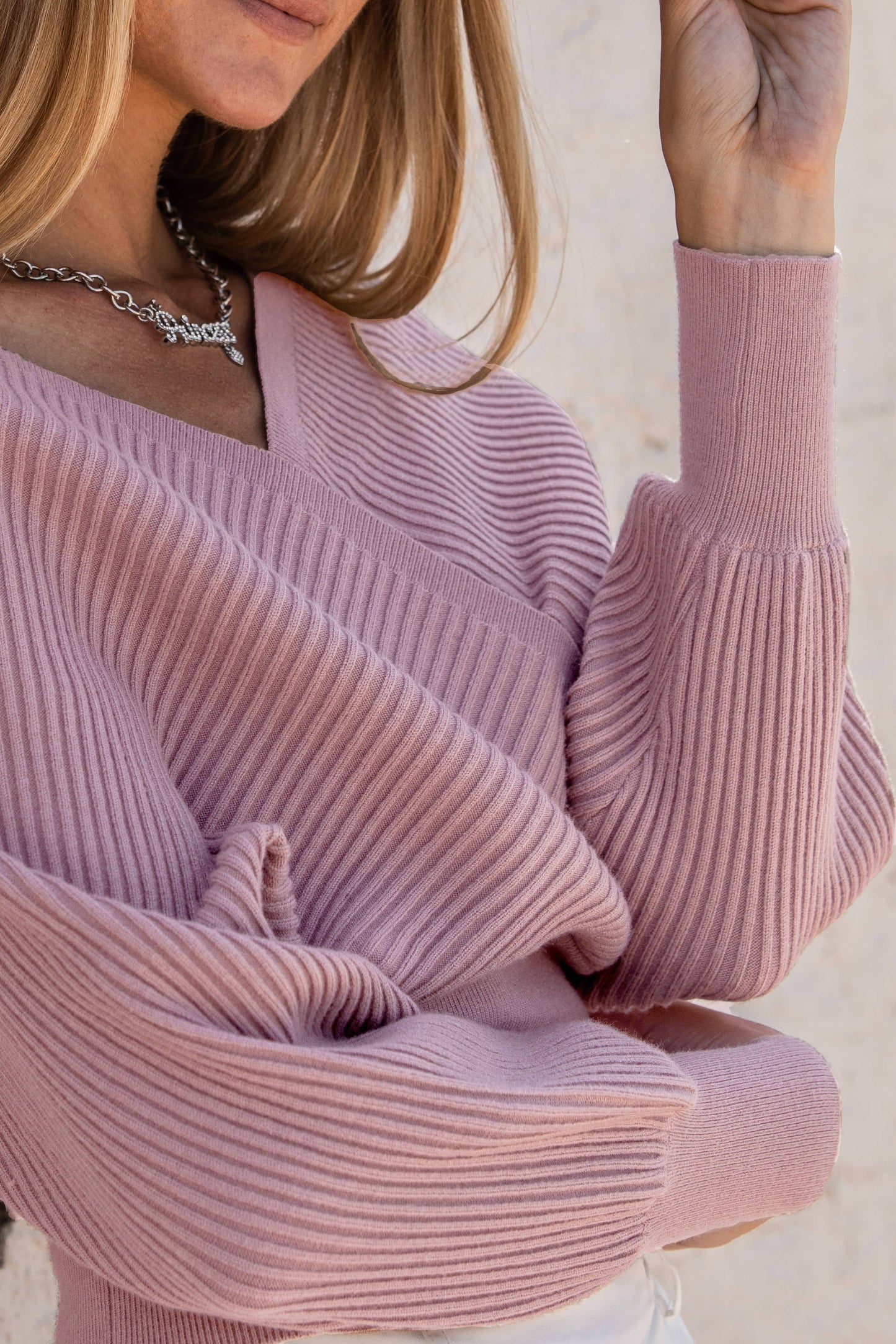 Light Pink Wrap Knit Drop Shoulder Top: Pink