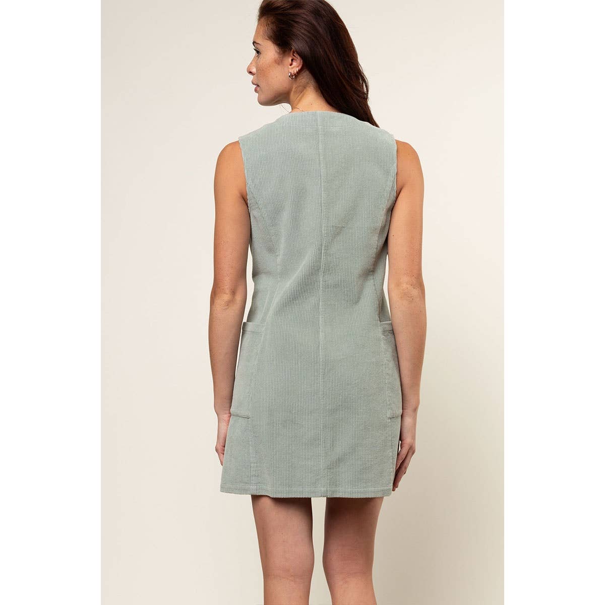 Corduroy Button Front Mini Dress- Dusty Mint