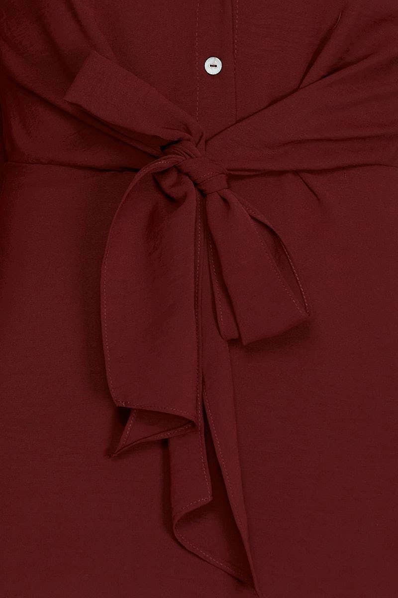 LONG CUFF SLEEVES W/FRONT TIE WOVEN MINI DRESS