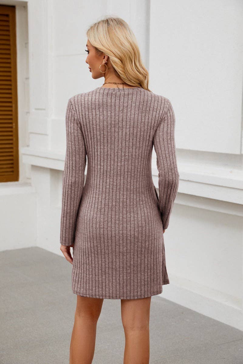 Ribbed Knit Button Dress - Long Sleeve A-Line Sweater