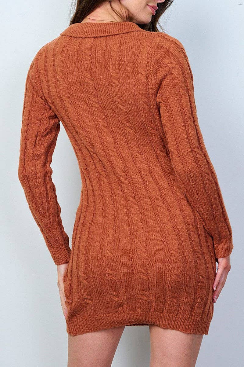 LONG SLEEVE KNIT V-NECK SWEATER MINI DRESS