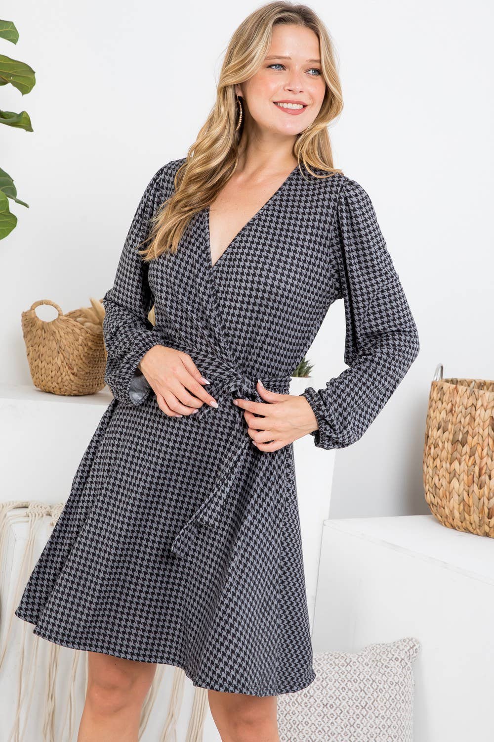 Geo Print Cross V Neck Belted Dress