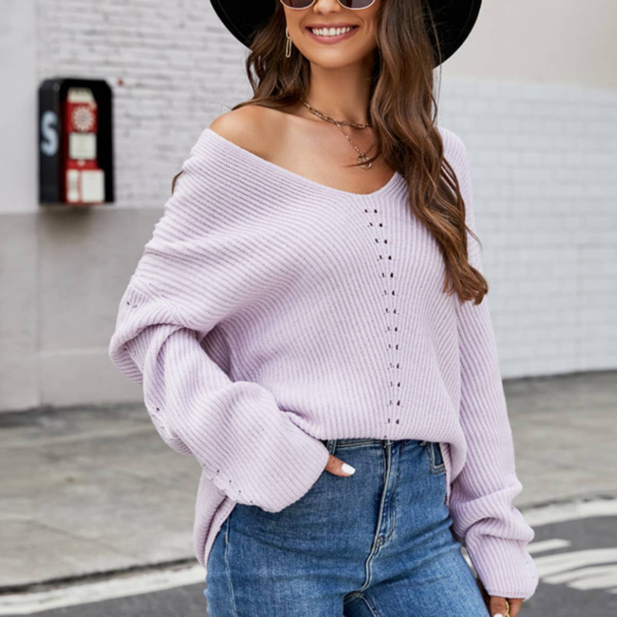 Loose V-neck casual pullover sweater: Purple / (L) 1