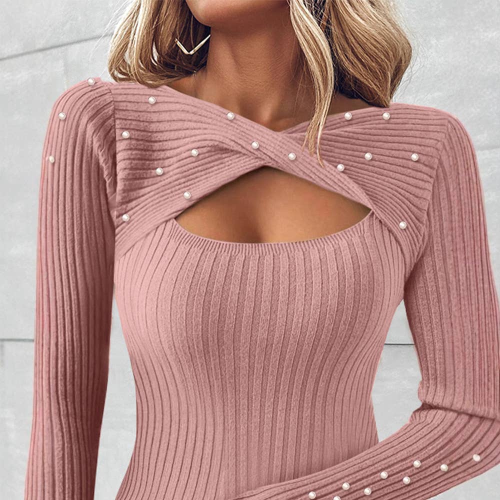 SOLID COLOR PUFFLE-BEAD KNOTTED WOOL SWEATER: PINk