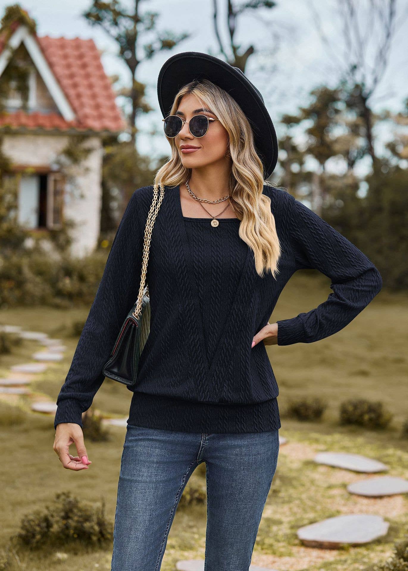 Square neck cross loose long sleeve T-shirt top