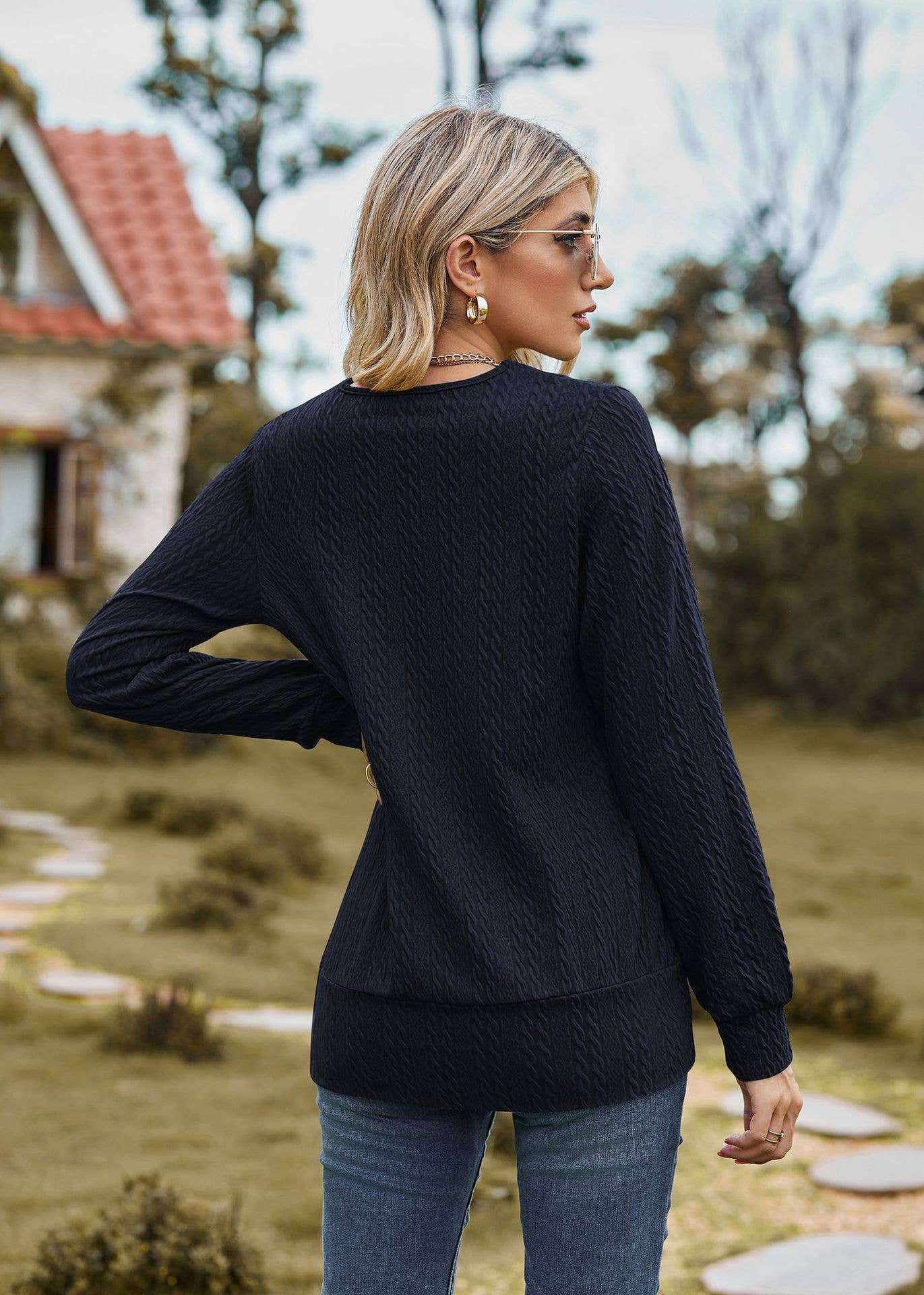 Square neck cross loose long sleeve T-shirt top