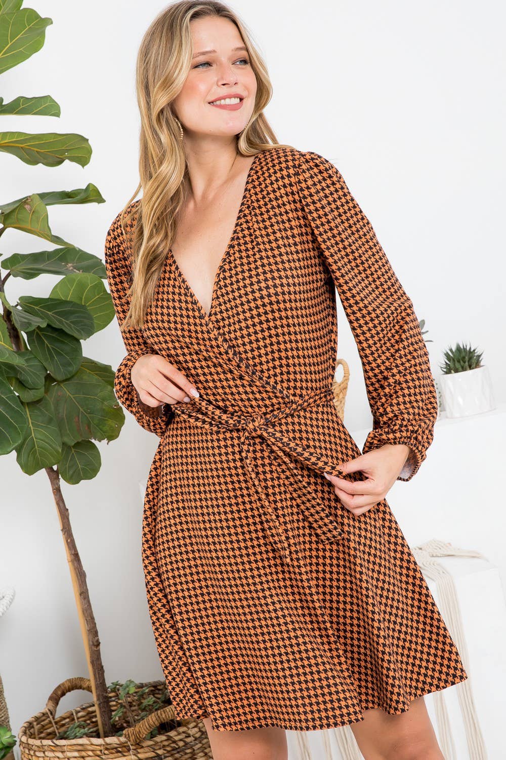 Geo Print Cross V Neck Belted Dress