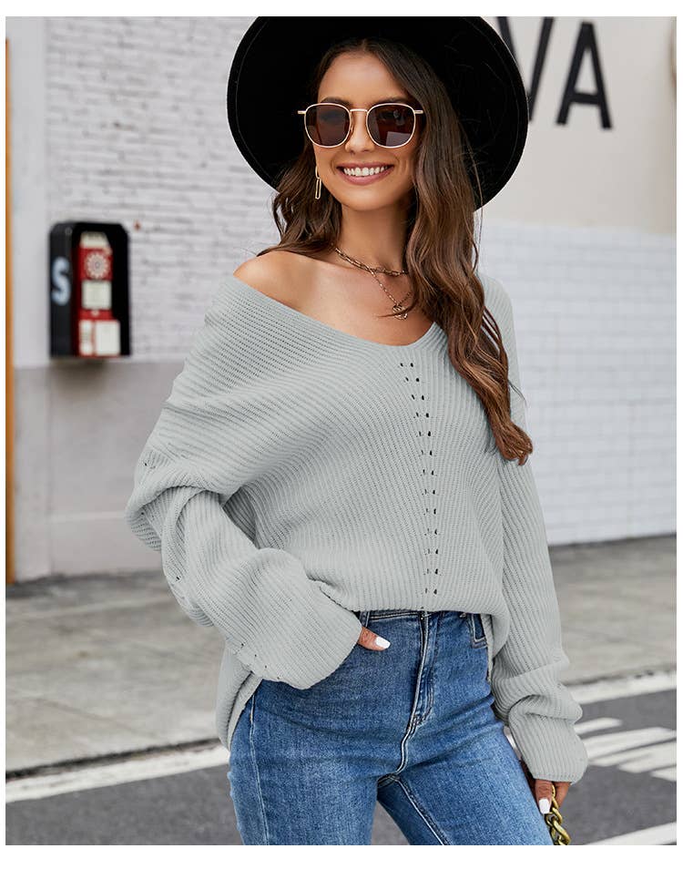Loose V-neck casual pullover sweater: Gray