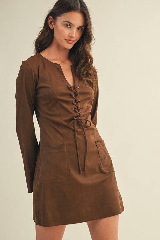 SUEDE LACE UP MINI DRESS