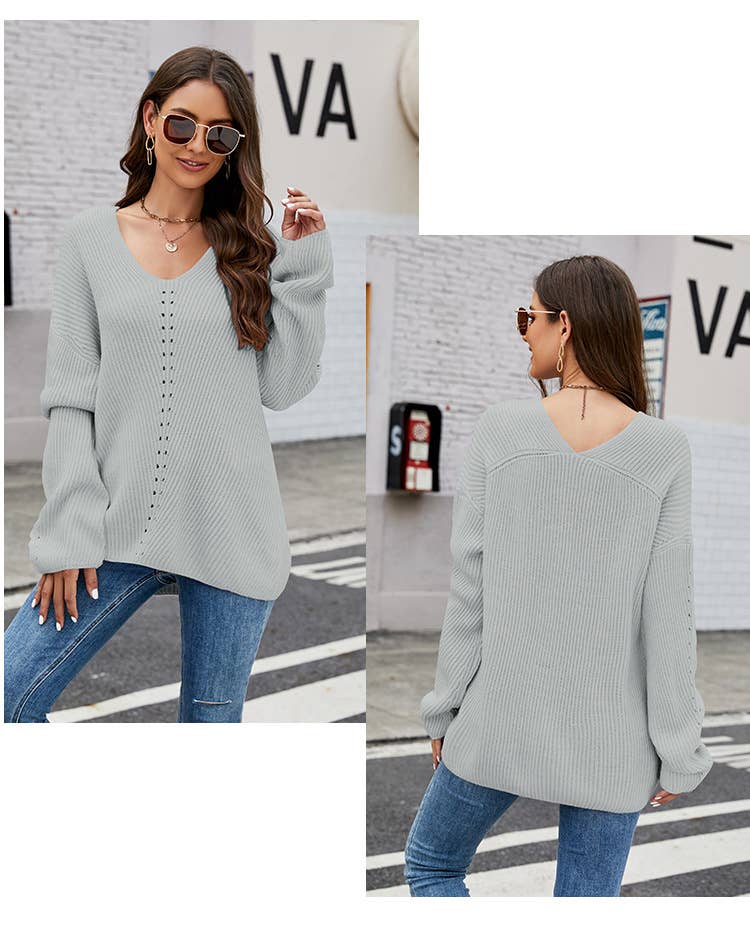 Loose V-neck casual pullover sweater: Gray