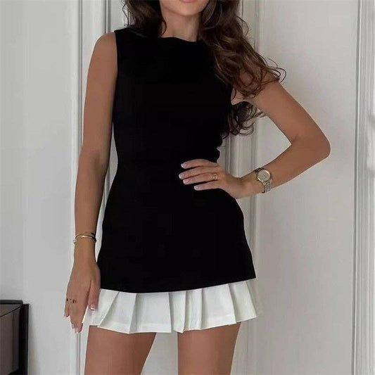 Patchwork Pleated Sleeveless Top Dress