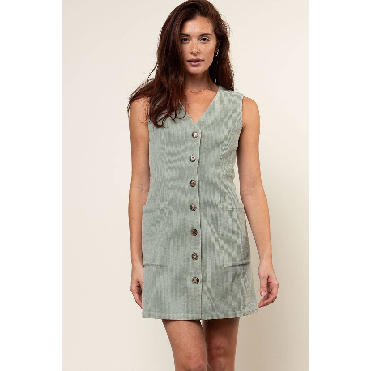 Corduroy Button Front Mini Dress- Dusty Mint