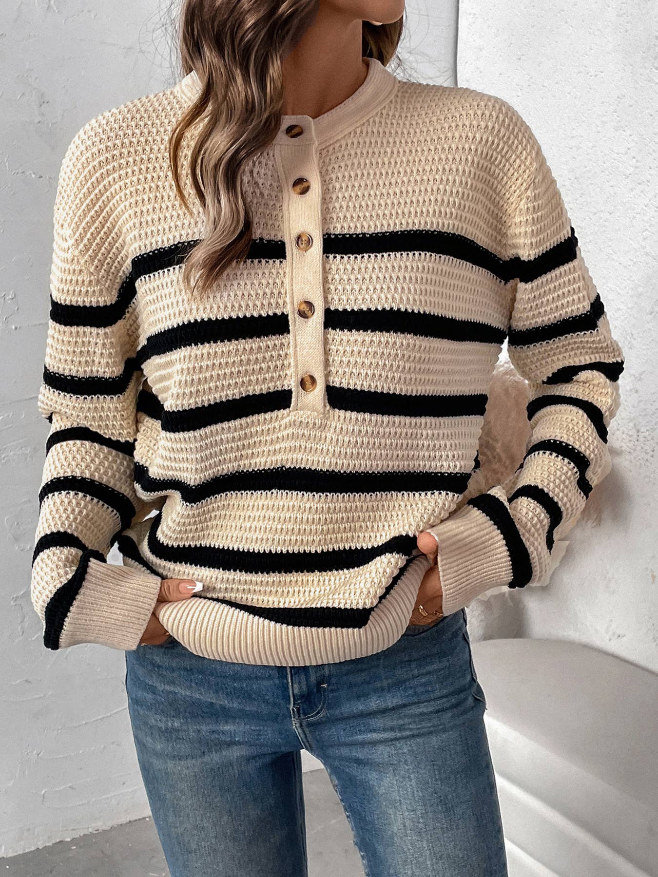 Striped button-down chunky knit crew neck sweater: Apricot