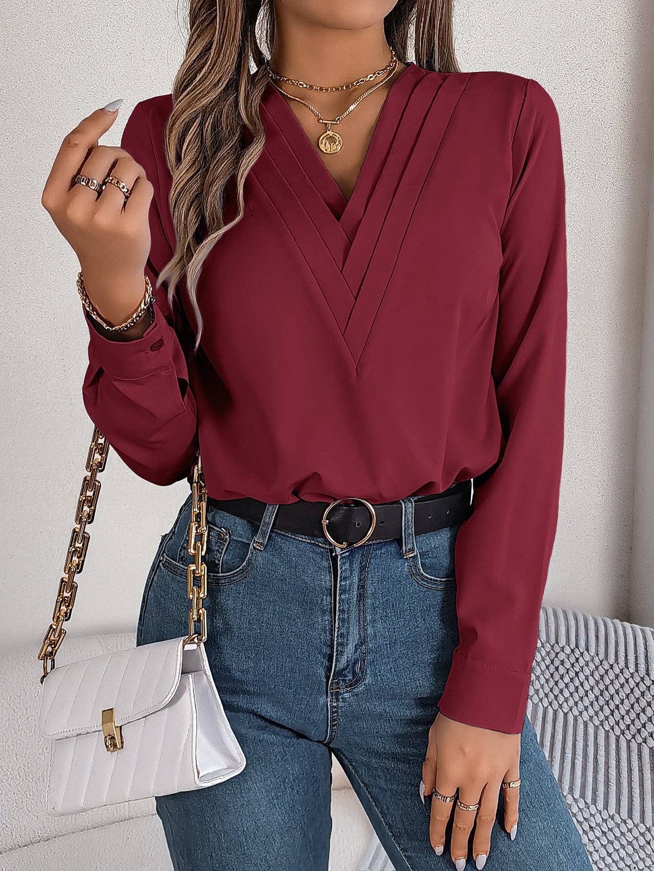 Elegant Layered V-Neck Long Sleeve Blouse – 2025 Fall/Winter