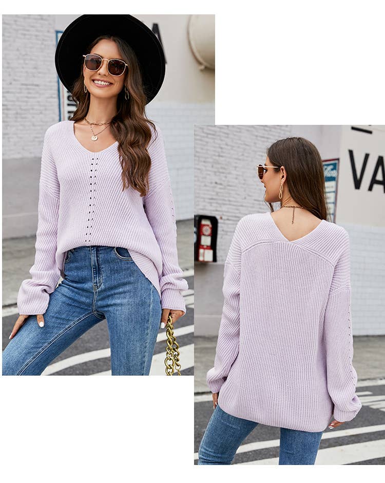 Loose V-neck casual pullover sweater: Purple / (L) 1