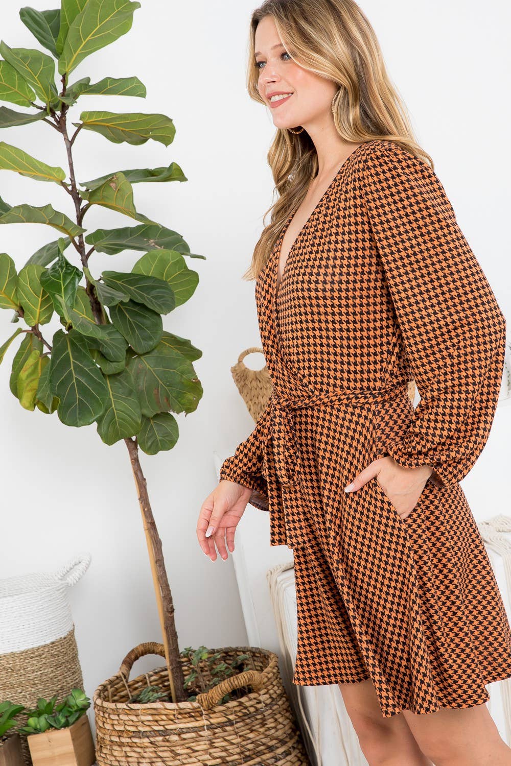 Geo Print Cross V Neck Belted Dress