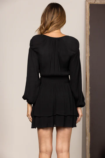 BLACK V-NECK SMOCK WAIST RUFFLED MINI DRESS