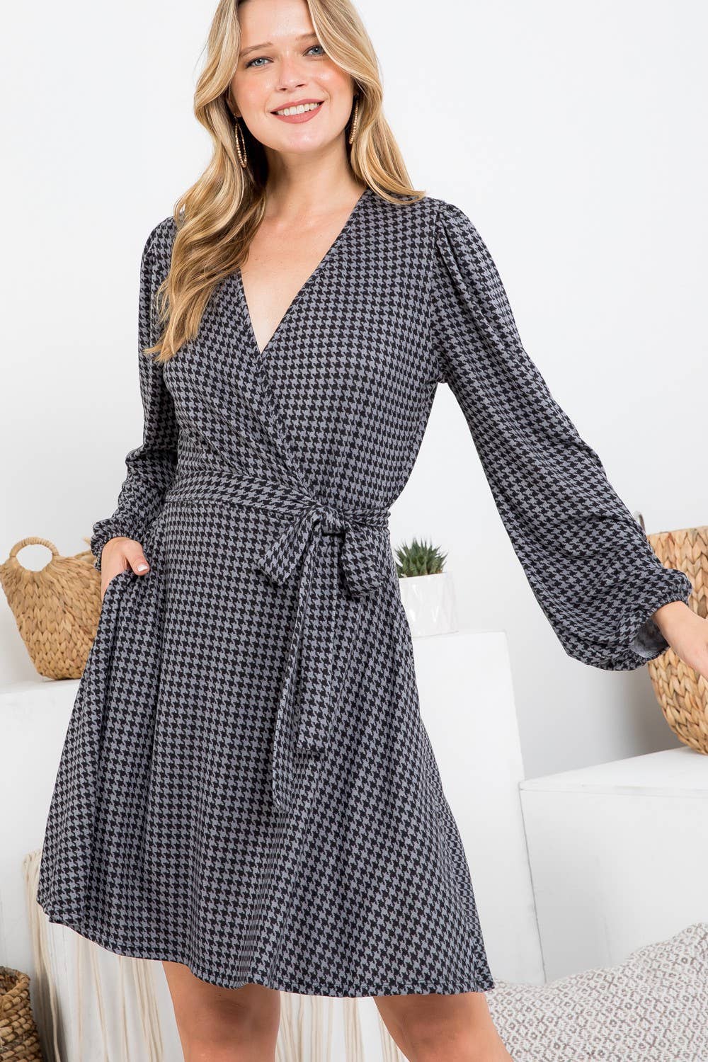 Geo Print Cross V Neck Belted Dress