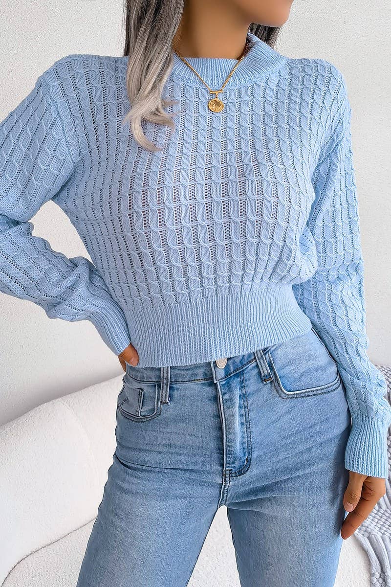 TWIST CHUNKY CABLE KNIT RIBBED CROP SWEATSHIRT_Blue