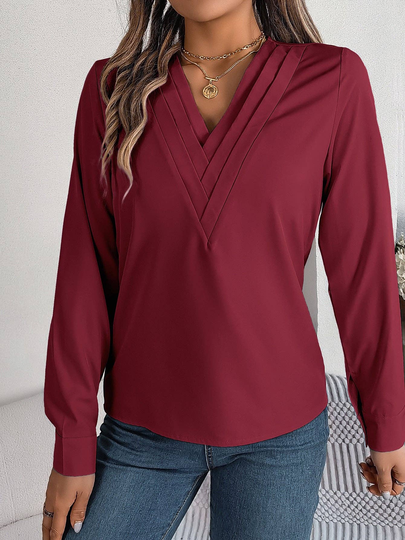 Elegant Layered V-Neck Long Sleeve Blouse – 2025 Fall/Winter