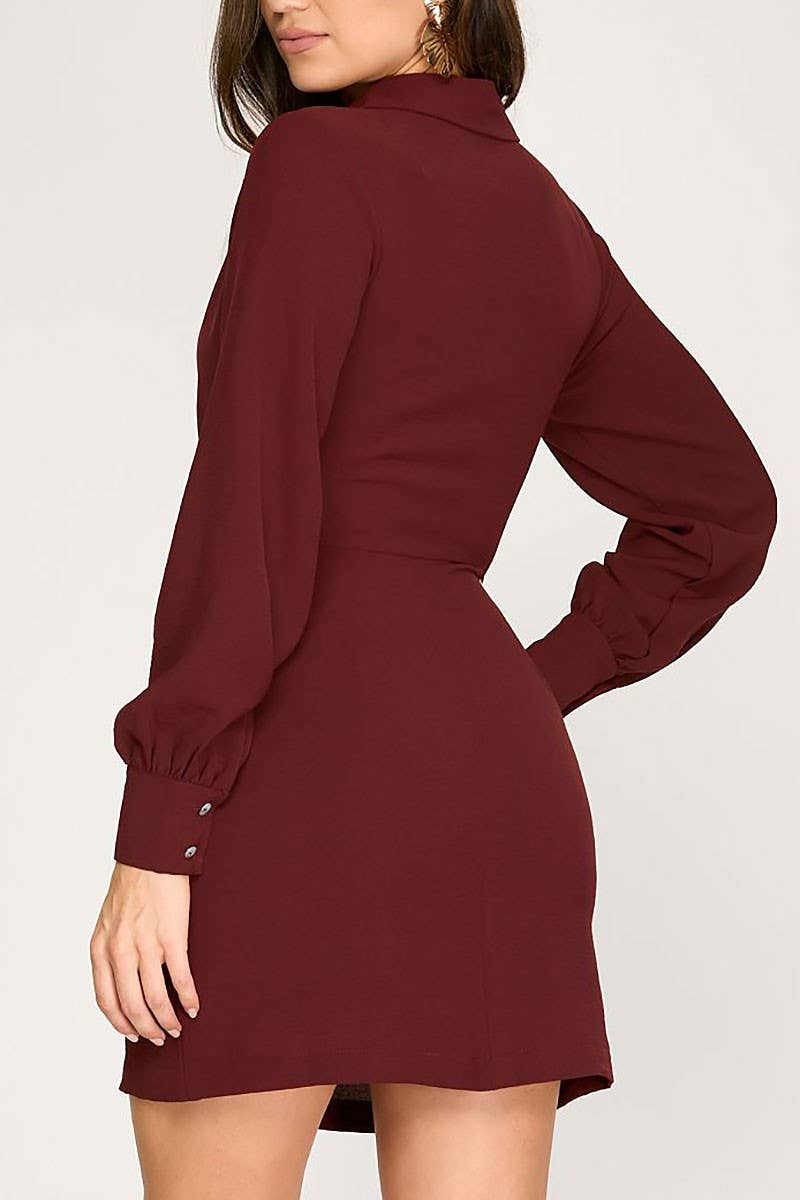 LONG CUFF SLEEVES W/FRONT TIE WOVEN MINI DRESS