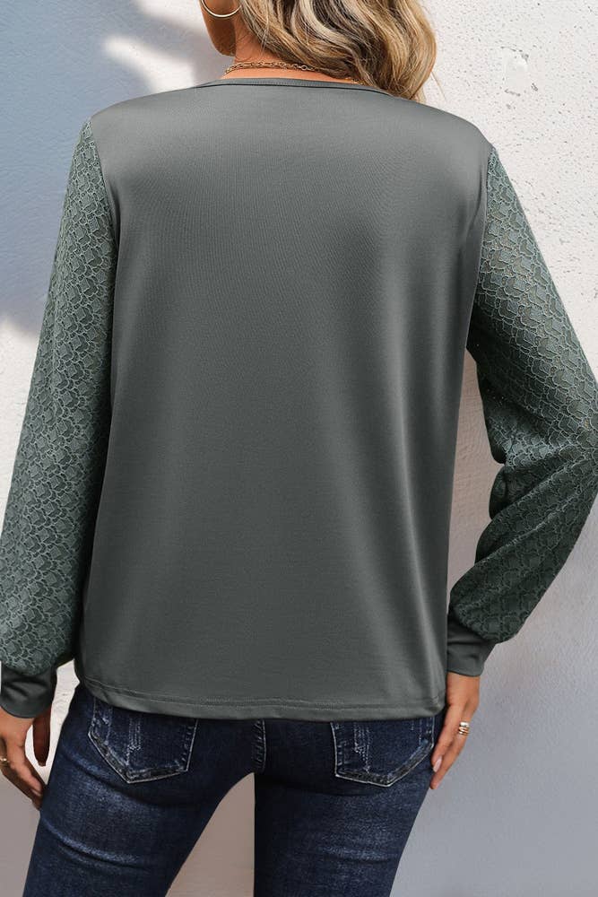 Grey V Neck Lace Sleeves Top