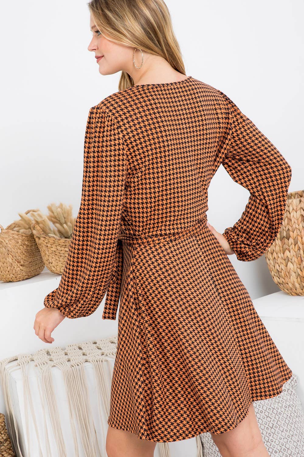 Geo Print Cross V Neck Belted Dress