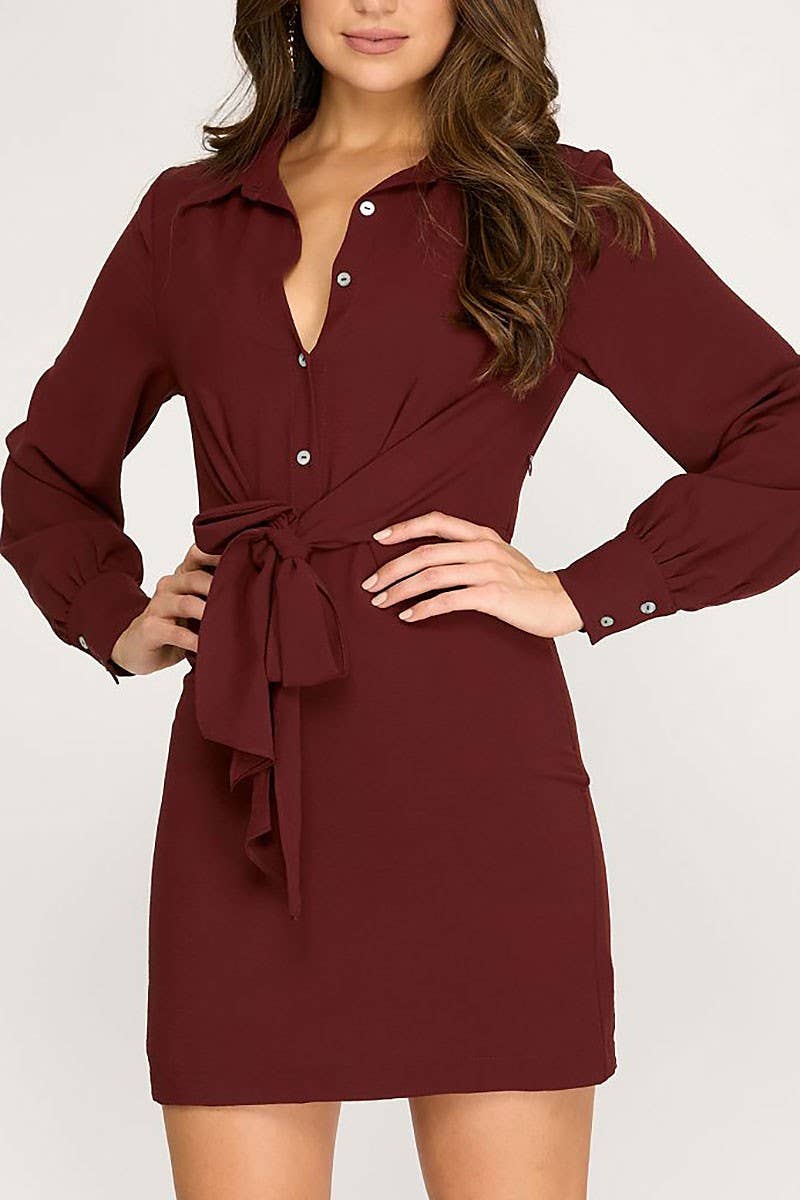 LONG CUFF SLEEVES W/FRONT TIE WOVEN MINI DRESS