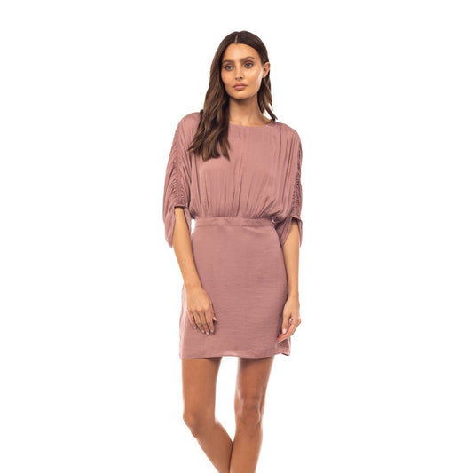 Shirred Bat Sleeve Satin Mini Dress