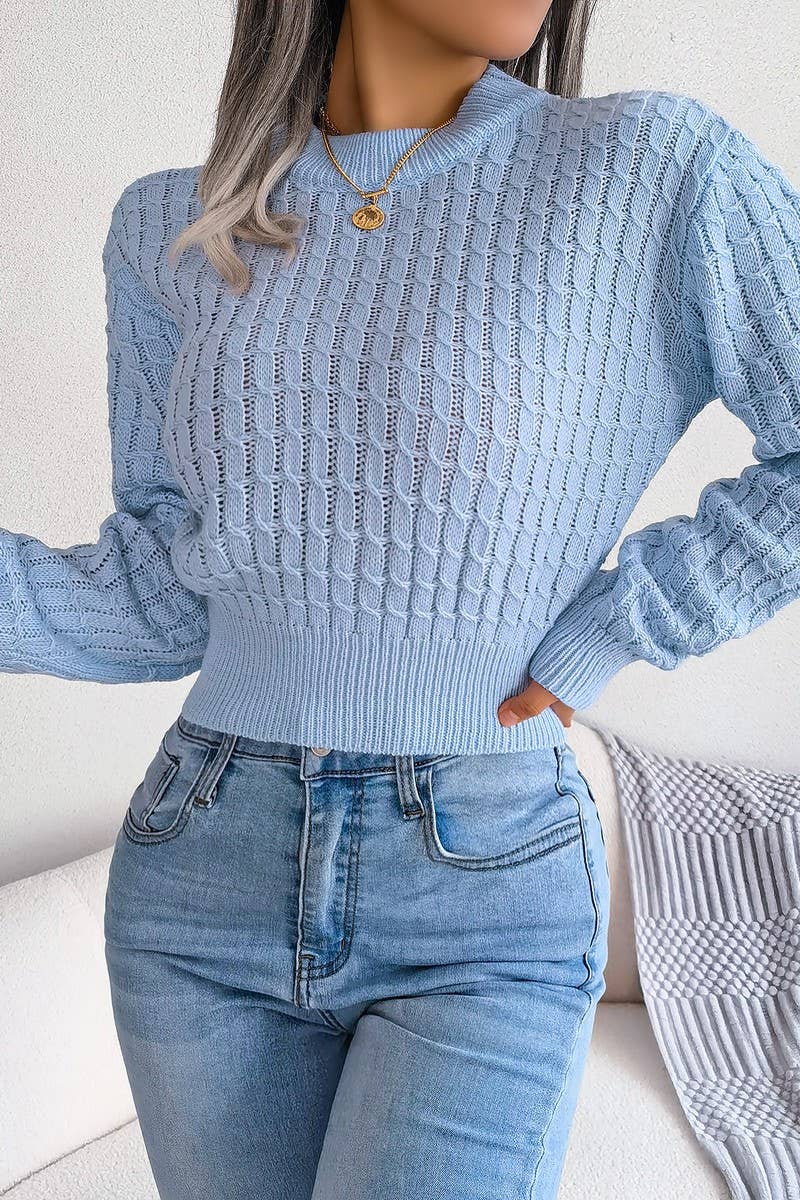 TWIST CHUNKY CABLE KNIT RIBBED CROP SWEATSHIRT_Blue