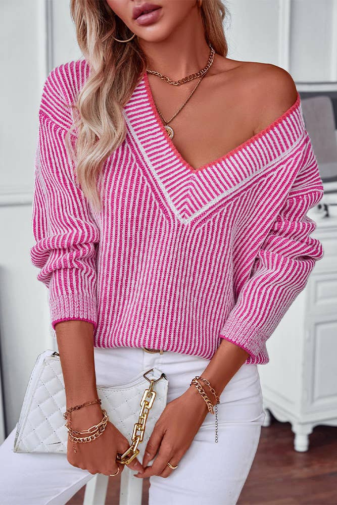 V Neck Stripes Long Sleeves Knitting Sweater MMY201: Rose Red