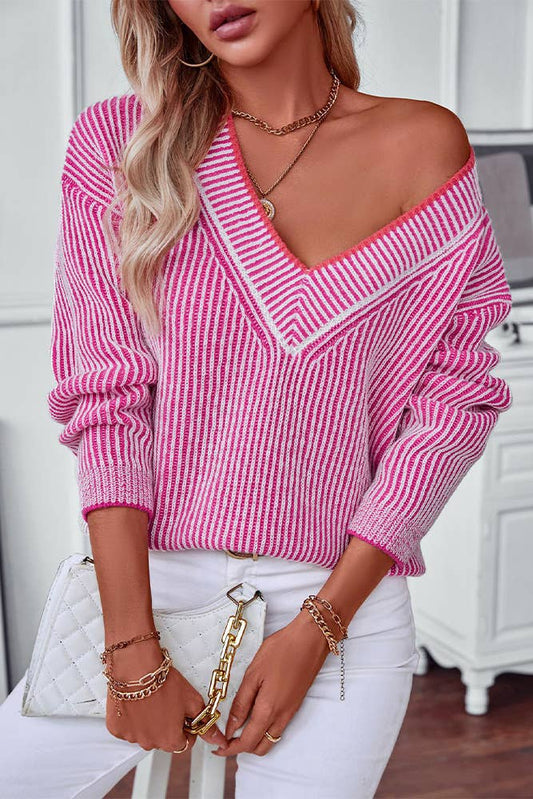 V Neck Stripes Long Sleeves Knitting Sweater MMY201: Rose Red