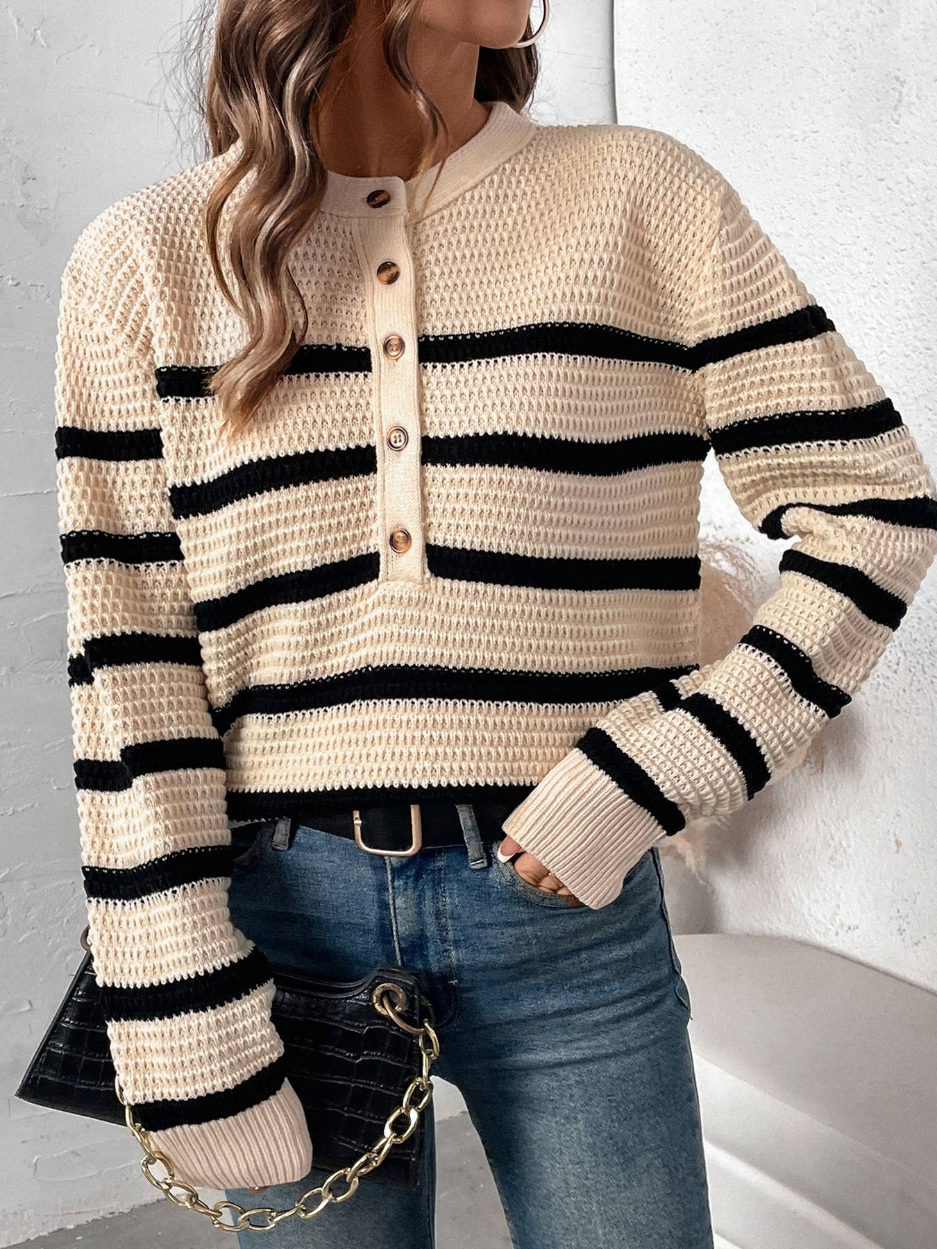 Striped button-down chunky knit crew neck sweater: Apricot