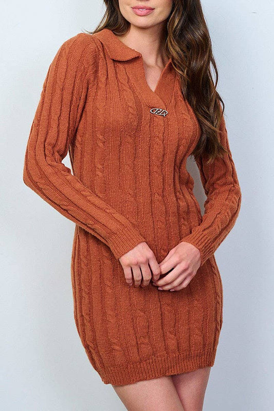 LONG SLEEVE KNIT V-NECK SWEATER MINI DRESS