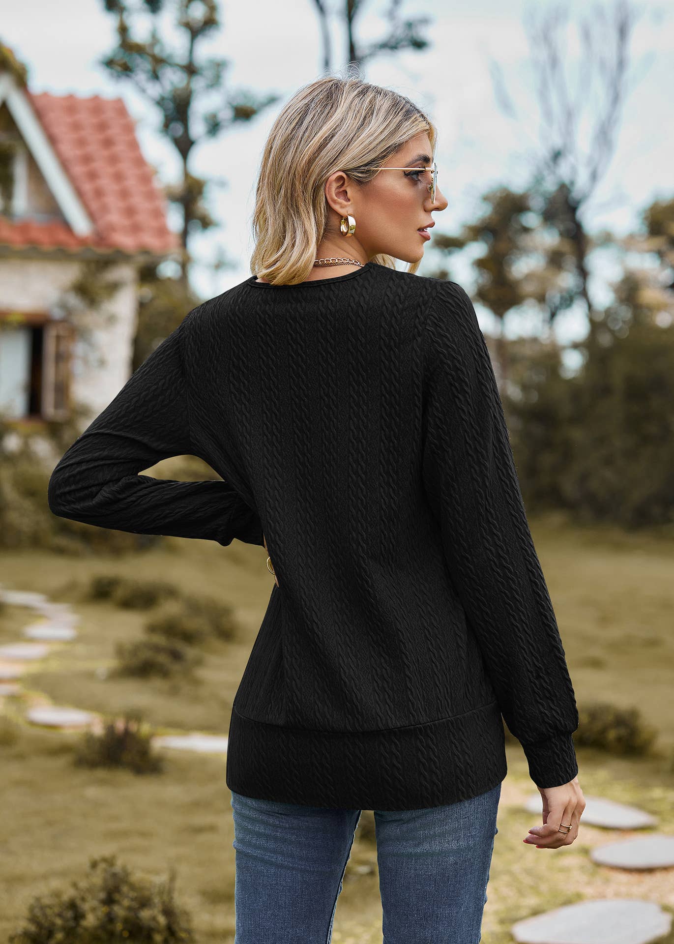 Square neck cross loose long sleeve T-shirt top