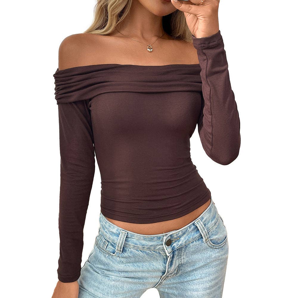 Off Shoulder Long Sleeve Slim Fit Knit Top