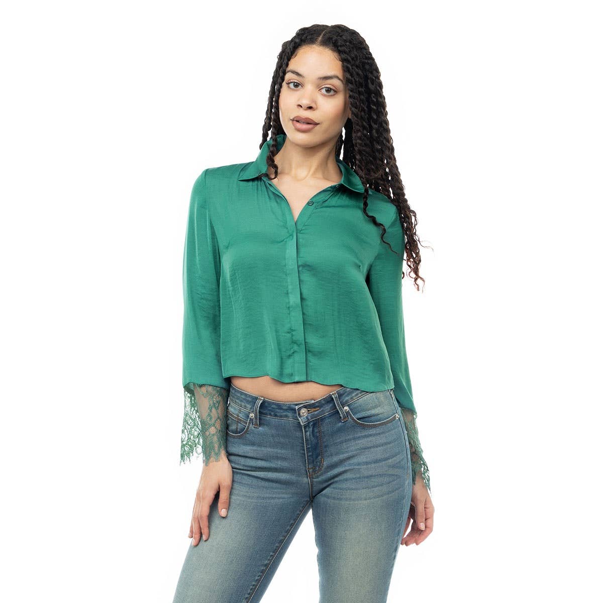 Long Sleeve Lace Satin Blouse