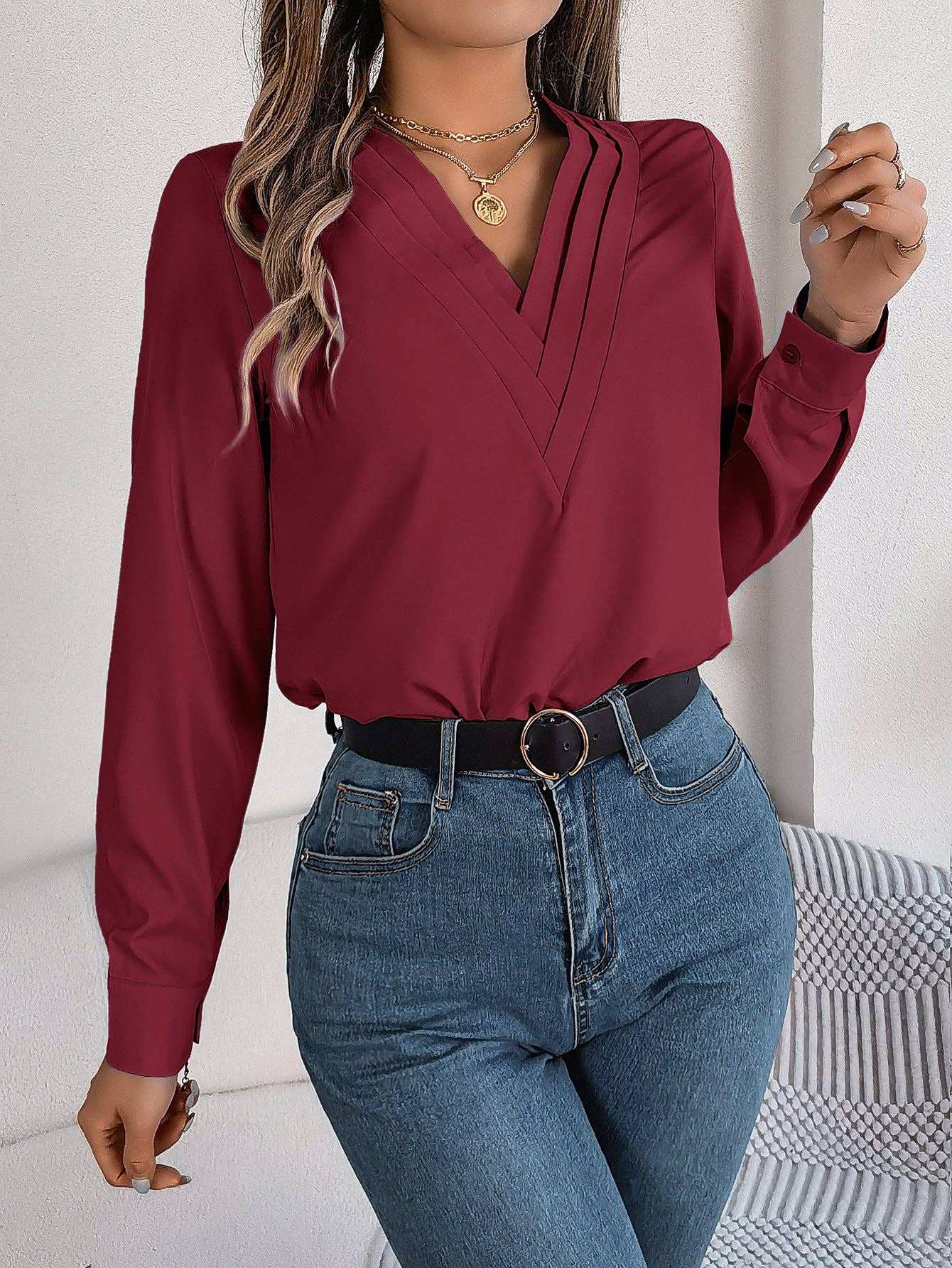 Elegant Layered V-Neck Long Sleeve Blouse – 2025 Fall/Winter