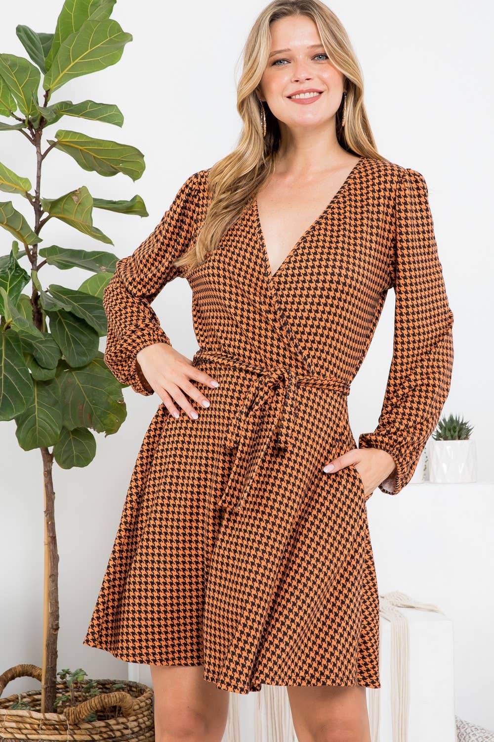 Geo Print Cross V Neck Belted Dress