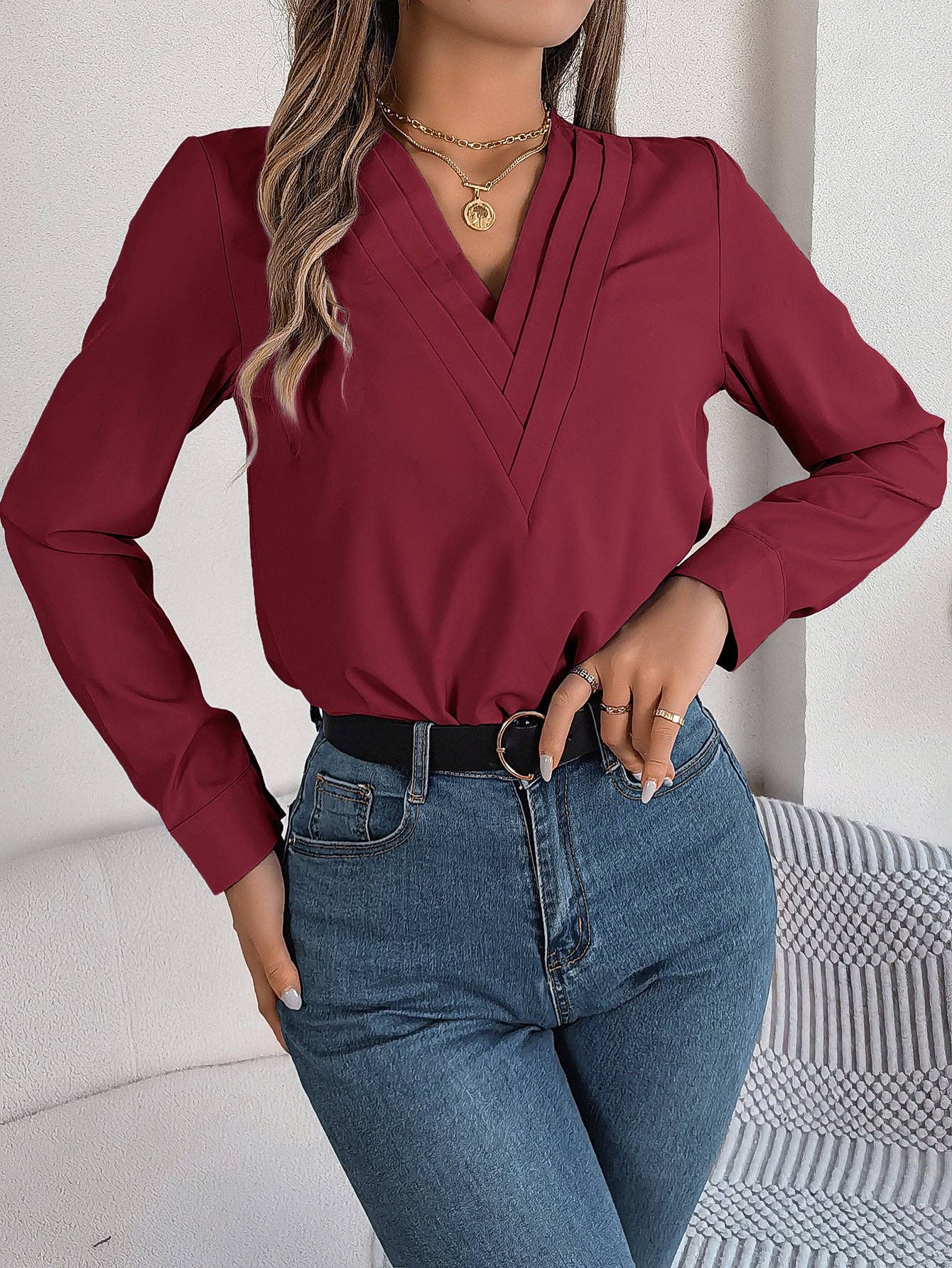 Elegant Layered V-Neck Long Sleeve Blouse – 2025 Fall/Winter