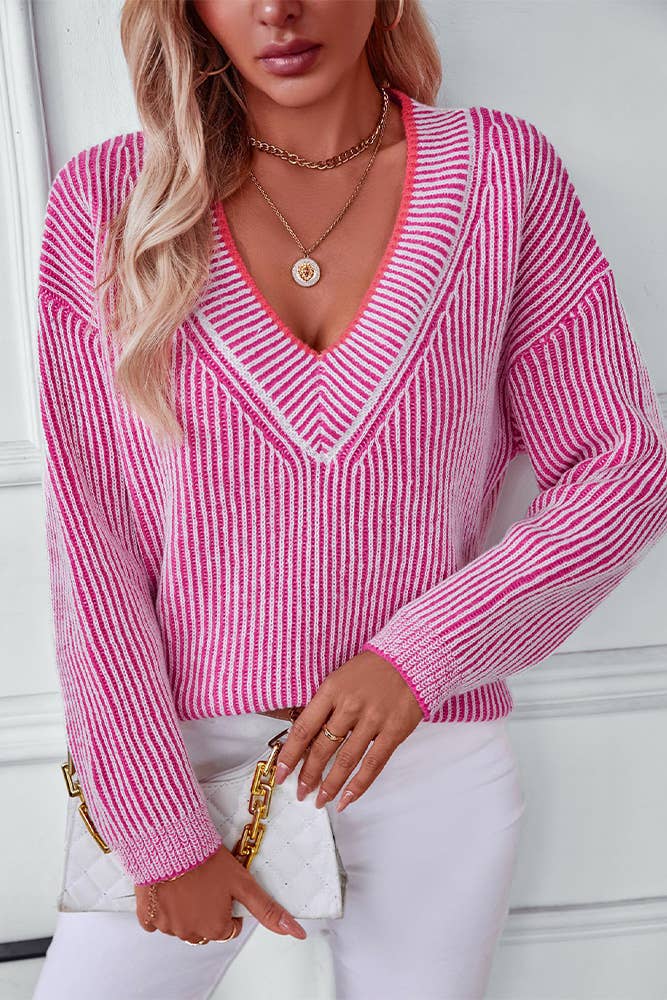 V Neck Stripes Long Sleeves Knitting Sweater MMY201: Rose Red