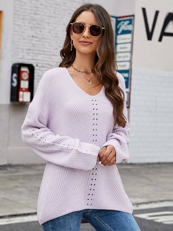 Loose V-neck casual pullover sweater: Purple / (L) 1