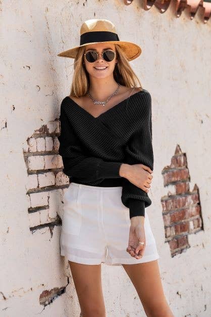 Black Wrap Knit Drop Shoulder Top