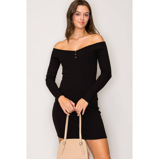Buttoned Off Shoulder Long Sleeve Mini Dress