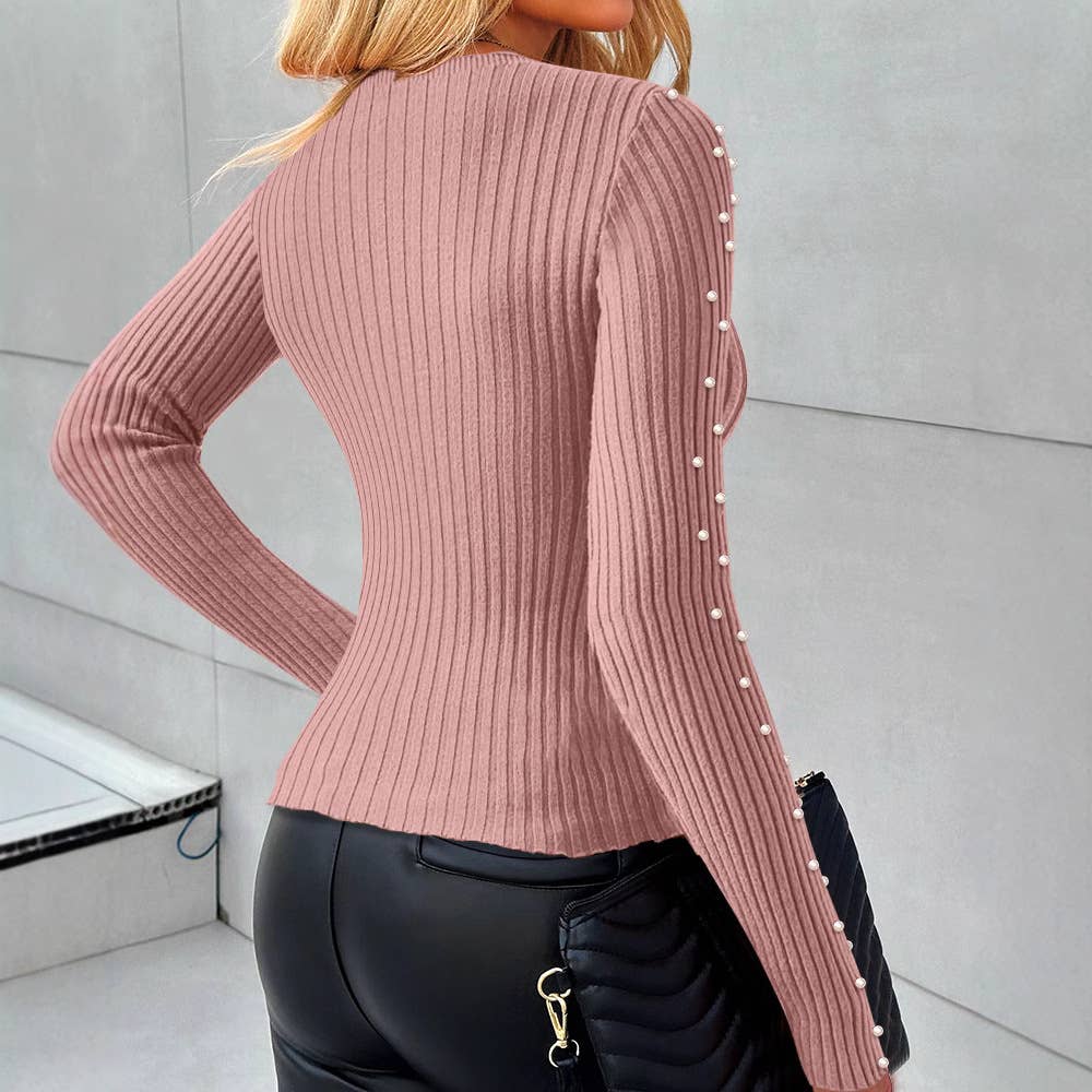 SOLID COLOR PUFFLE-BEAD KNOTTED WOOL SWEATER: PINk