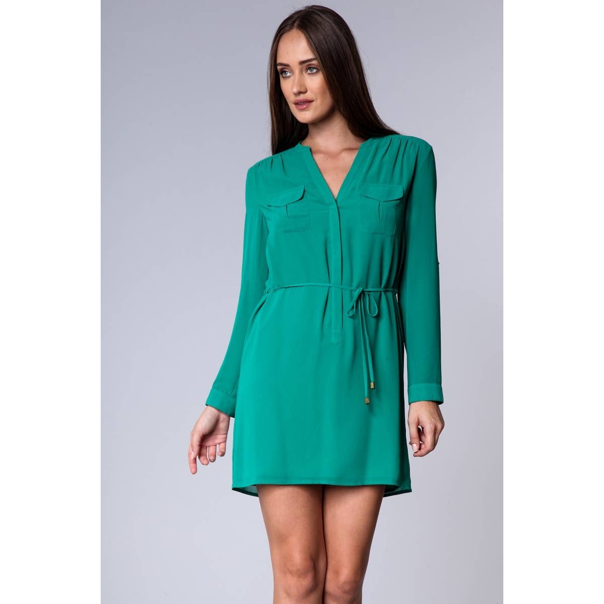 Drawstring Waist Long Sleeve Casual Dress