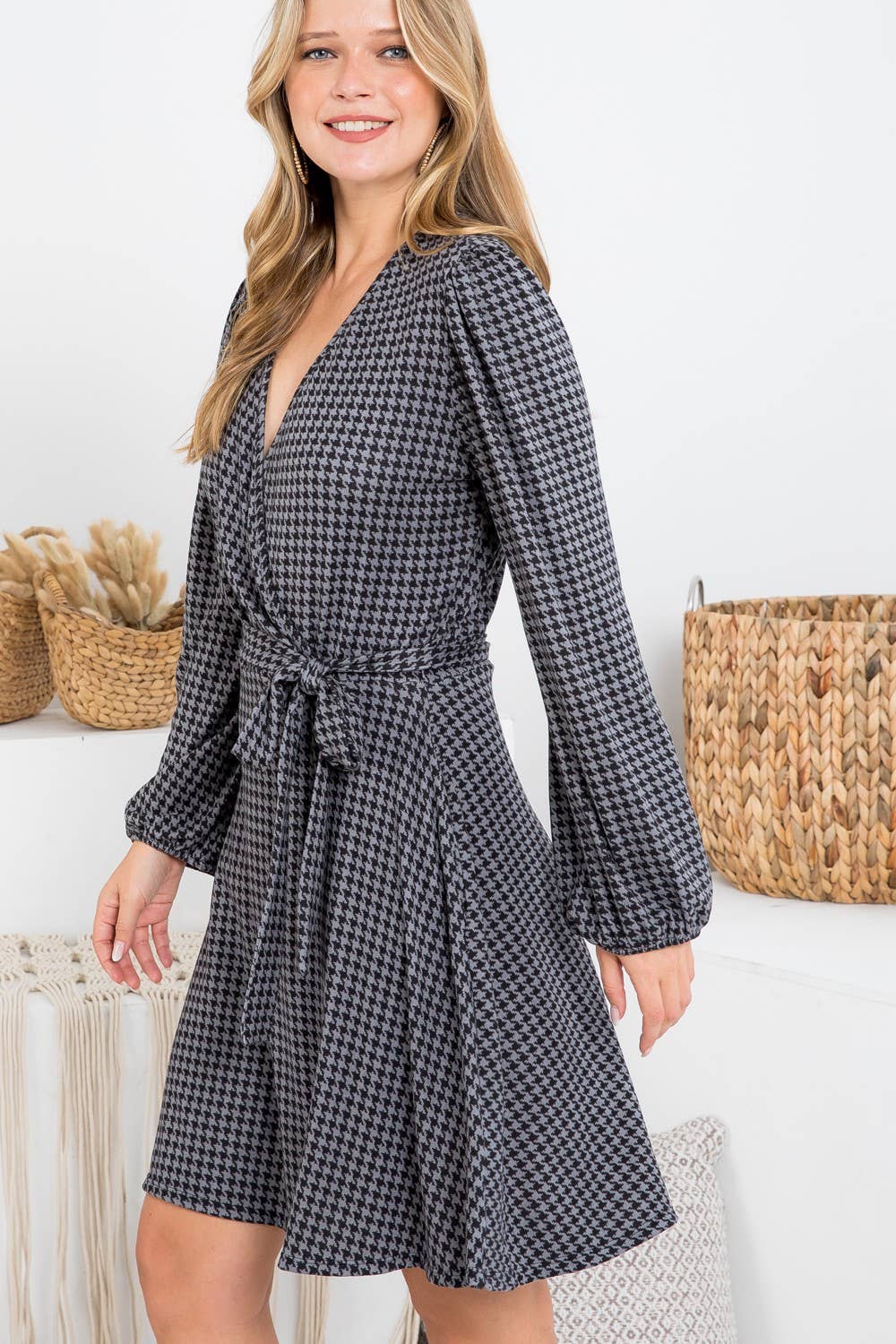 Geo Print Cross V Neck Belted Dress