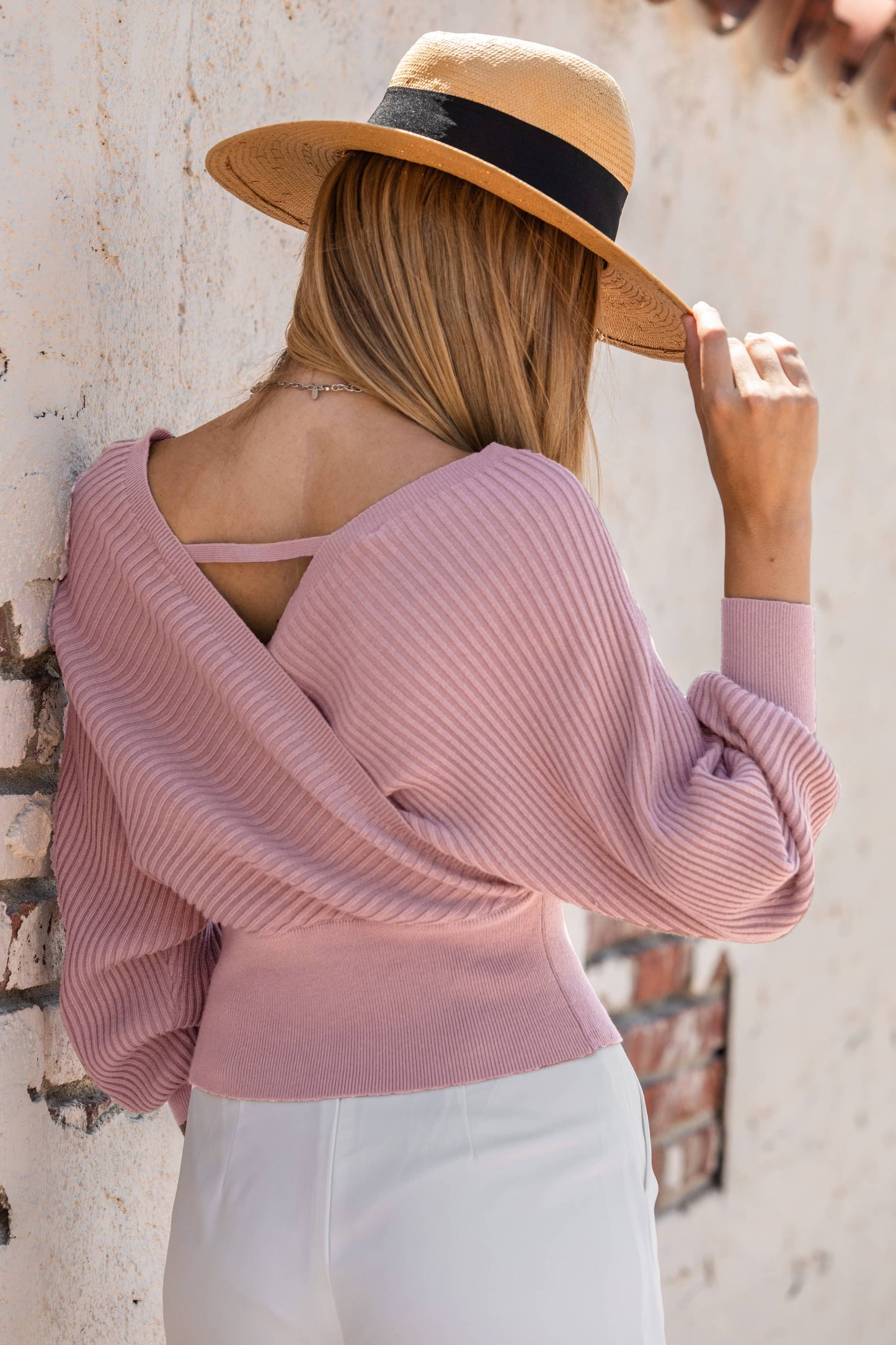 Light Pink Wrap Knit Drop Shoulder Top: Pink