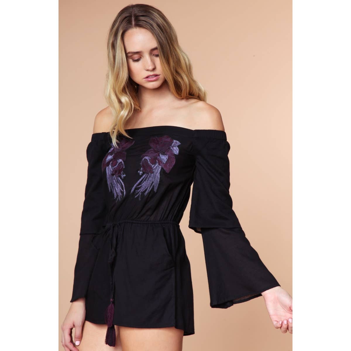 Off Shoulder Double Ruffle Sleeve Romper