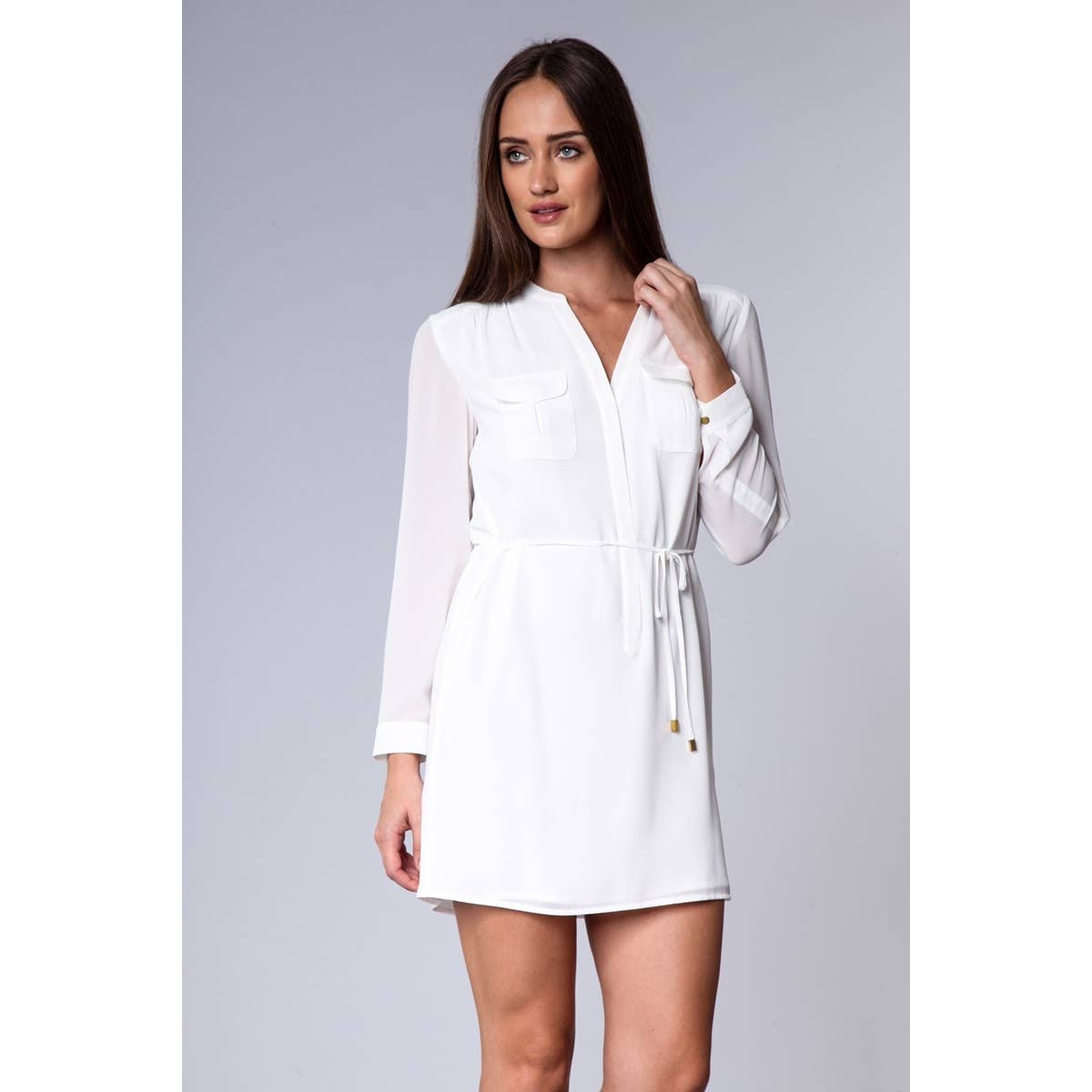 Drawstring Waist Long Sleeve Casual Dress